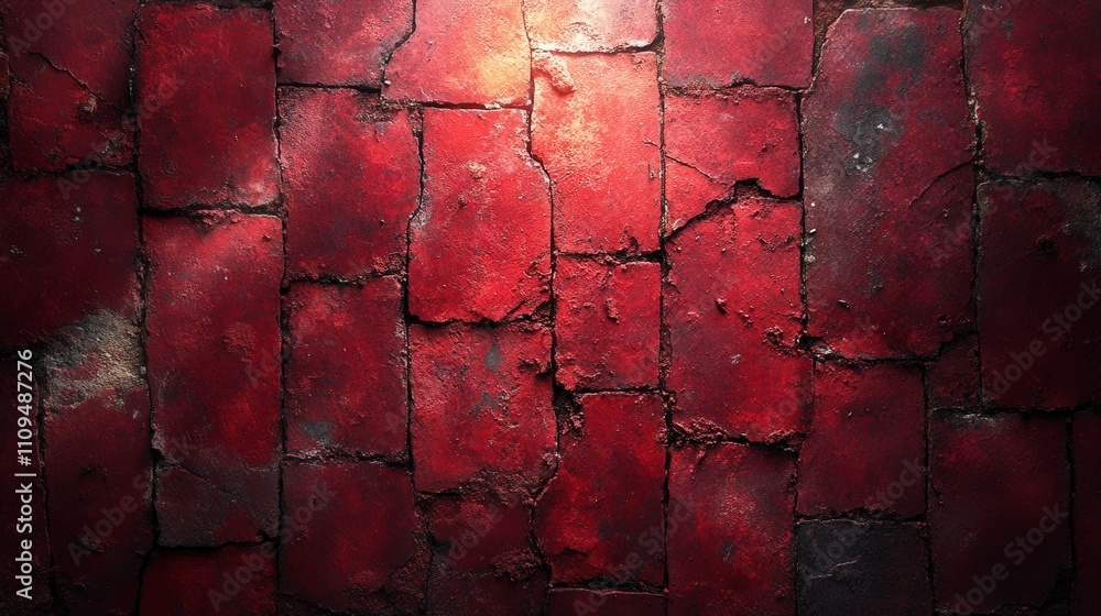Poster red raw brick wall with textured surface, cracked pattern, and unique color variations for artistic 