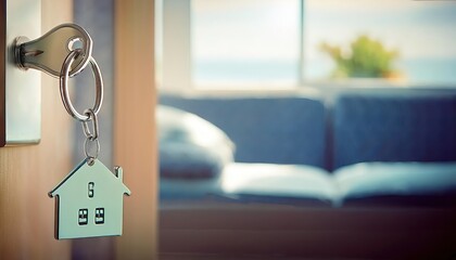 A key with a house-shaped keychain in a door lock, suggesting a cozy home interior background.