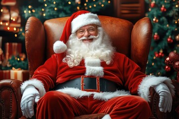 Happy  Santa Clause sitting on the Christmas couch