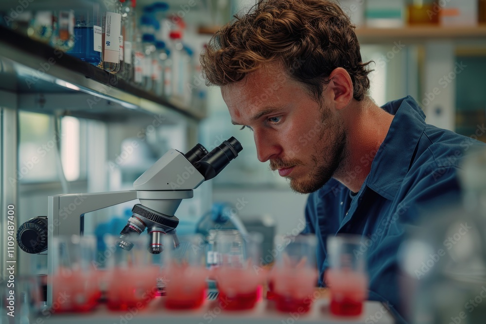 Poster a scientist examines samples under a microscope in a laboratory setting.