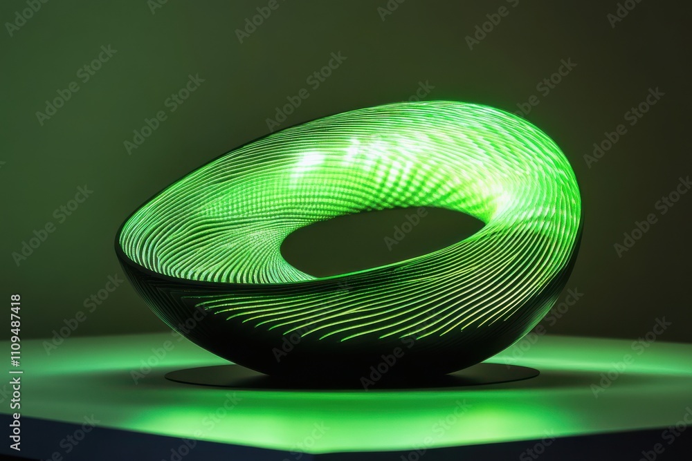 Poster elegant abstract sculpture with green led light emitting from spiraled design on a modern minimalist