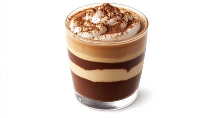 a decadent mocha served in a clear glass with layers of chocolate and coffee, topped with a dusting of cinnamon