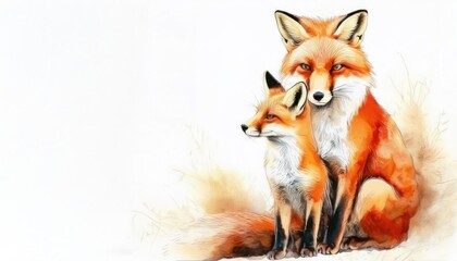 Fototapeta premium An artistic illustration of a fox and its cub sitting together in a peaceful natural environment.