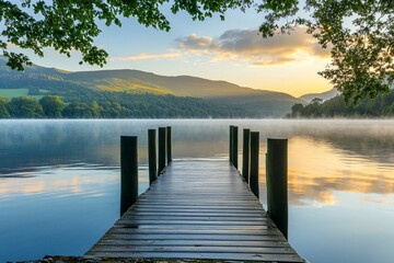 Obraz premium Misty lakeside at dawn with soft golden sunlight over calm water, surrounded by green mountains, perfect environment for work and peaceful relaxation 4