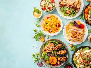 A beautifully arranged catering service with vibrant meals and space for text beside the food.