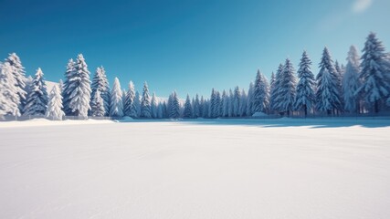 A pristine snow-covered field in the midst of a winter wonderland, with a row of snow-laden evergreen trees lining the horizon under a clear blue sky.
