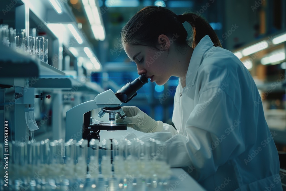 Poster a scientist examines samples under a microscope in a laboratory setting.