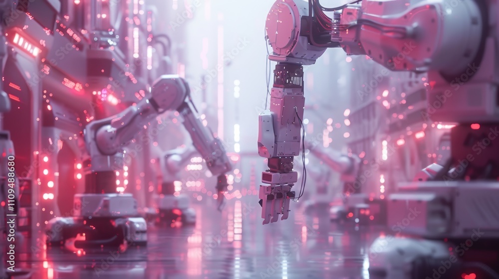 Poster futuristic robotic factory with advanced automation and red lighting.