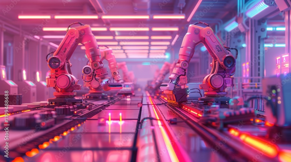 Aufkleber futuristic automated factory assembly line with robotic arms.