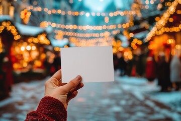 Person's hand holding a blank polaroid style banner photo in a Christmas mood