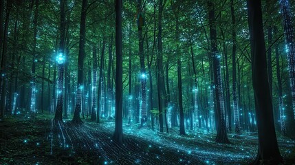 A serene forest with bioluminescent trees glowing in shades of blue and green, blending nature with cybernetic enhancements. Robotic birds chirp softly as streams of digital data flow like rivers
