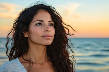 Hispanic woman, wavy hair, serene expression, standing on beach at sunset, natural light, medium close-up, calm, peaceful, hair blowing gently in breeze 7