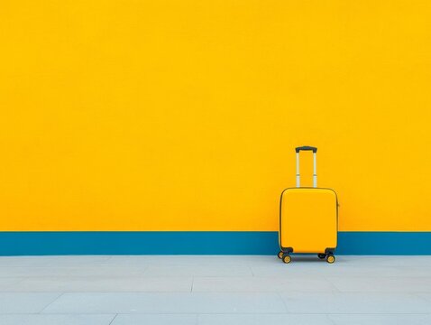 A vibrant yellow background with a stylish suitcase ready for adventure. - Powered by Adobe