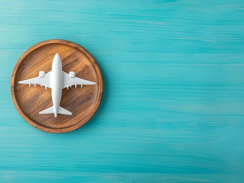 Top view of a small airplane model on a wooden plate against a turquoise background. - Powered by Adobe