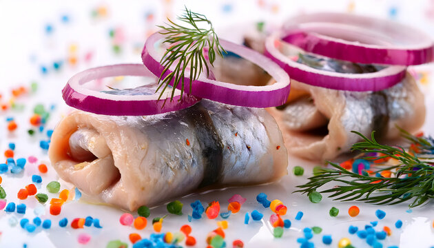 fisch, rollmops, kater, fr&uuml;hst&uuml;ck, katerfr&uuml;hst&uuml;ck, essen, karneval, neu, close up, k&ouml;ln, hering, dill, matjes, meeresfr&uuml;chte, zwiebeln, rote, feinschmecker, modern, konfetti, rosenmontag, luftschlange