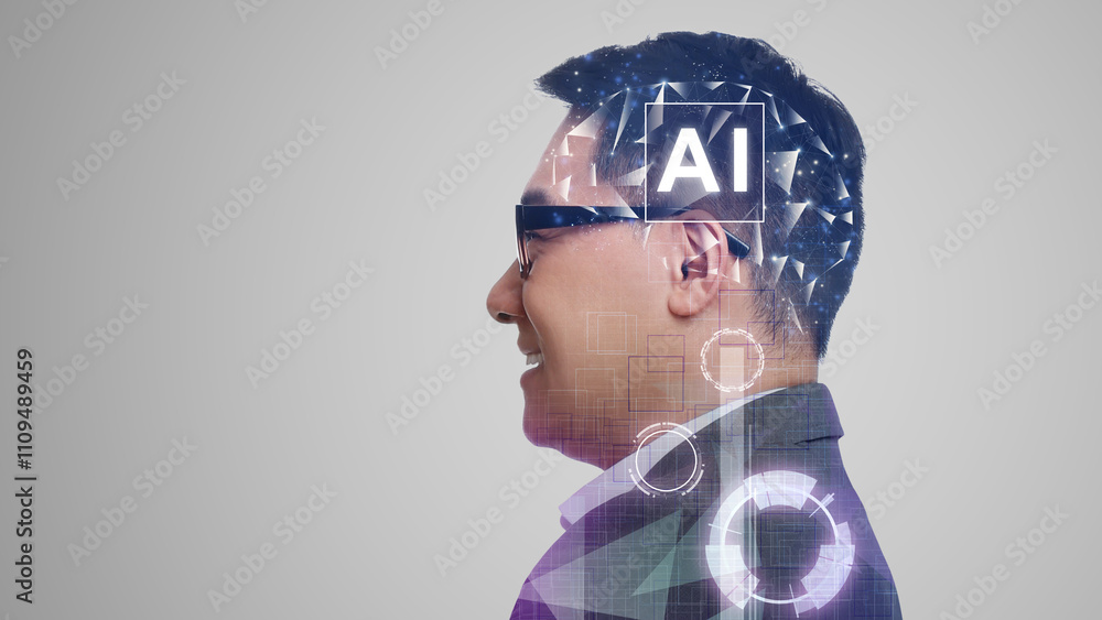Poster artificial intelligence. double exposure of man and scheme with brain on grey background. banner des