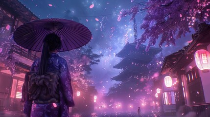 Woman in kimono under umbrella, night scene in Japanese village with pagoda and falling petals.
