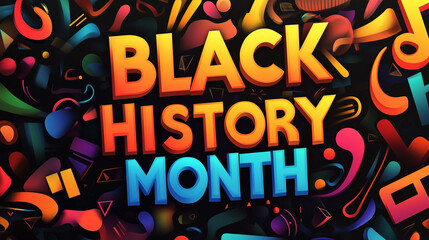 Vibrant Black History Month design with bold typography and colorful abstract patterns celebrating culture