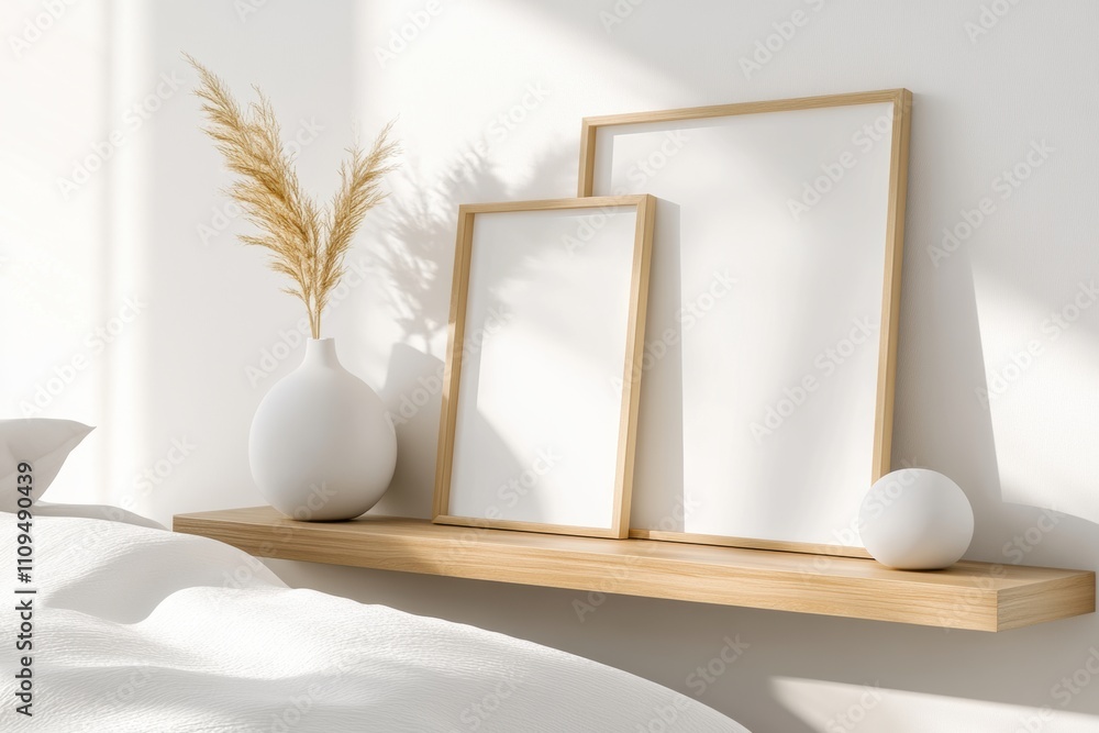 Aufkleber gallery wall display, multiple frame mockup displays on a floating shelf in a calm, scandinavian-sty