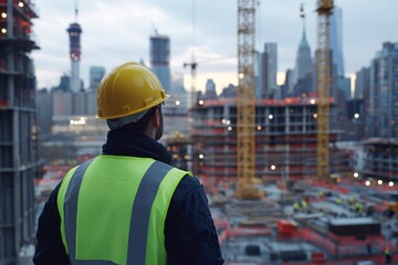 Construction worker in reflective vest, yellow hard hat, standing on site with cranes and modern buildings in background, gazing at progress, medium close-up 3