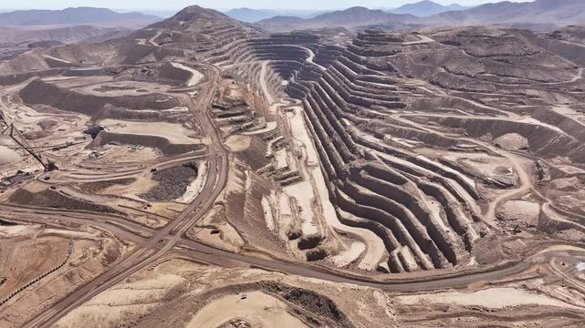 Aerial Drone Footage of Open-Pit Mining Operations in the Chilean Desert - Roads, Trucks, and Large-Scale Copper Mining Activities
