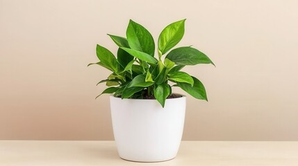 Fototapeta premium Lush Green Houseplant in a Simple White Pot on Shelf