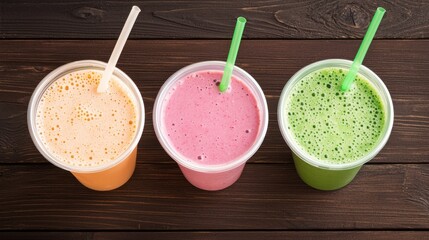 Refreshing Trio of Colorful Smoothies in Plastic Cups