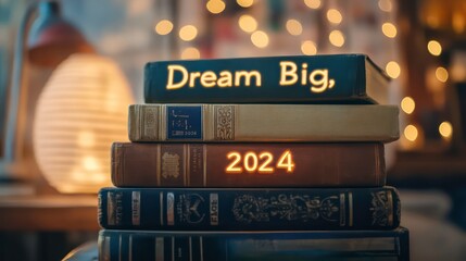 Obraz premium Illuminated books stacked, displaying 