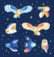 Set of wild owls and stars. Contemporary style