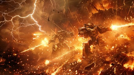 Epic Mech Battle Amidst Lightning and Fiery Explosions in a Dystopian World