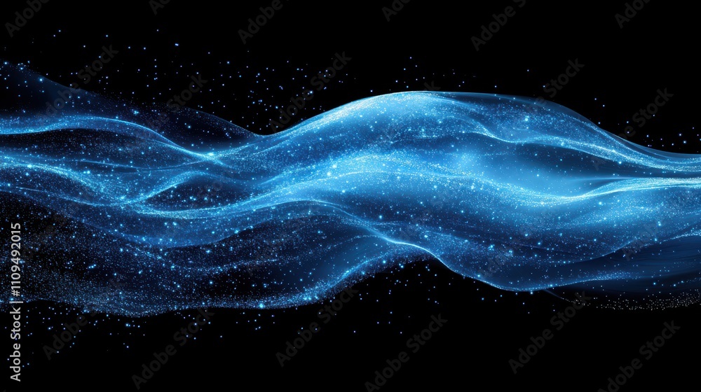 Poster ethereal blue wave of light and sparkles flowing in dark background, creating a dreamlike and mystic