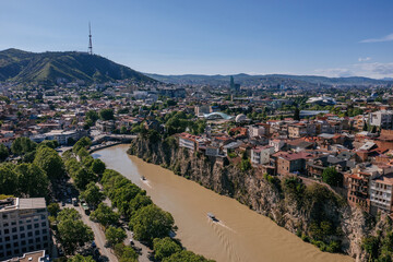 Aerial view of night Tbilisi downtown