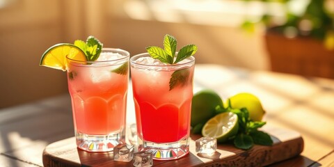 Fototapeta premium Two glasses of refreshing pink lemonade with ice and lime garnishes on a wooden serving board in the sunlight
