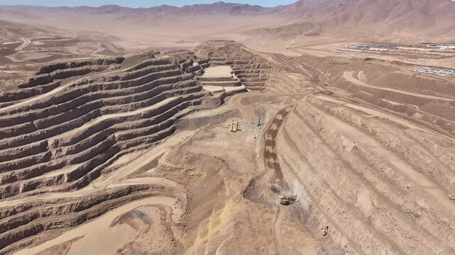 Aerial Drone Footage of Open-Pit Mining Operations in the Chilean Desert - Roads, Trucks, and Large-Scale Copper Mining Activities






