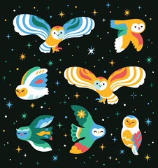 Set of wild owls and stars. Contemporary style