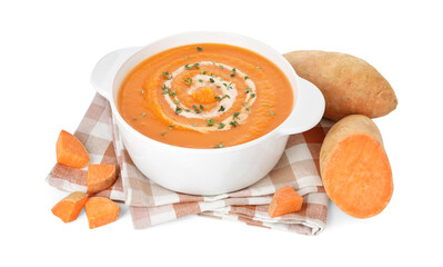 Delicious sweet potato soup with microgreens and fresh vegetables isolated on white