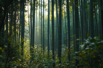 A dense bamboo forest with vibrant green leaves, tall straight stalks, serene light filtering through, soft gradient greens in the background, morning scene 5