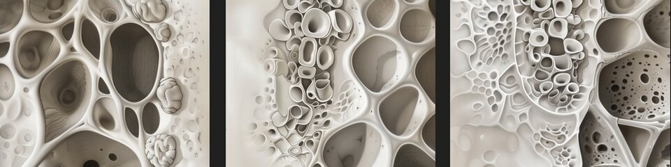 A series of three panels, each depicting different close-ups and perspectives on the intricate patterns in bone structure.