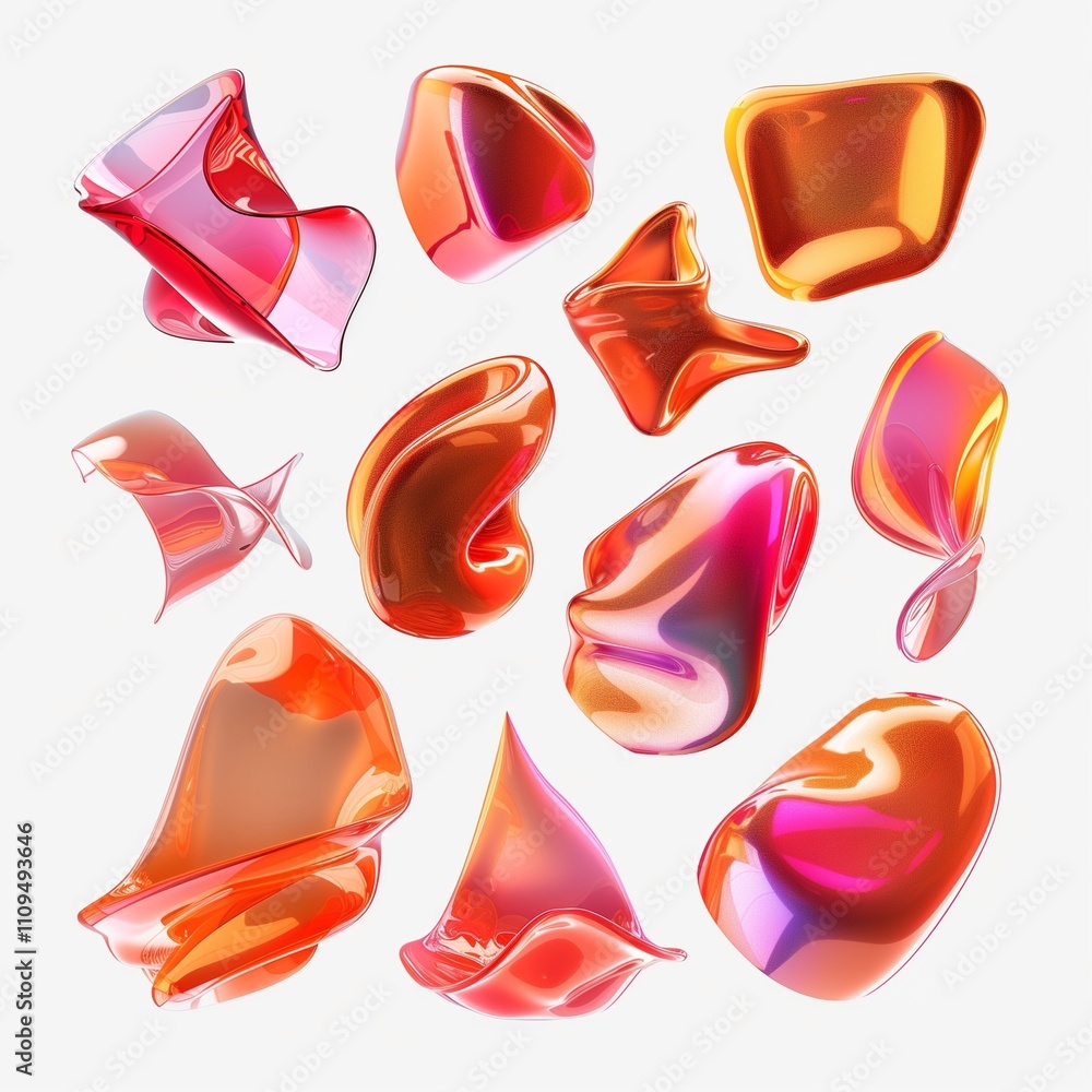 Poster 3d rendering of various abstract shapes in shades of red and orange, each with an iridescent sheen, 