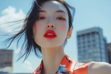 A close-up of a white Chinese female idol in a sleeveless silk blouse, vibrant lipstick, posing under the sun on a high rooftop, summer vibe 2