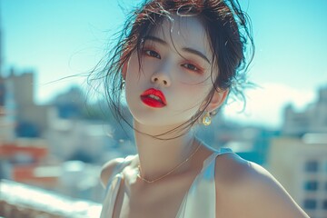 A close-up of a white Chinese female idol in a sleeveless silk blouse, vibrant lipstick, posing under the sun on a high rooftop, summer vibe 4