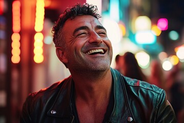 Obraz premium A close-up of a middle-aged man with olive skin, wearing a leather jacket, laughing heartily in a bustling urban street, evening neon lights reflecting in the background 2