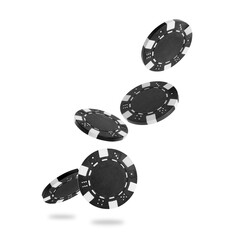 Black casino chips falling on white background
