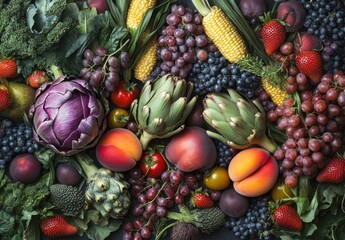 Fresh and Vibrant Assortment of Colorful Fruits and Vegetables Including Artichokes, Peaches, Grapes, Corn, and Leafy Greens Perfect for Healthy Lifestyle Imagery