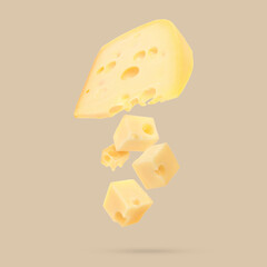 Piece of fresh cheese falling on dark beige background