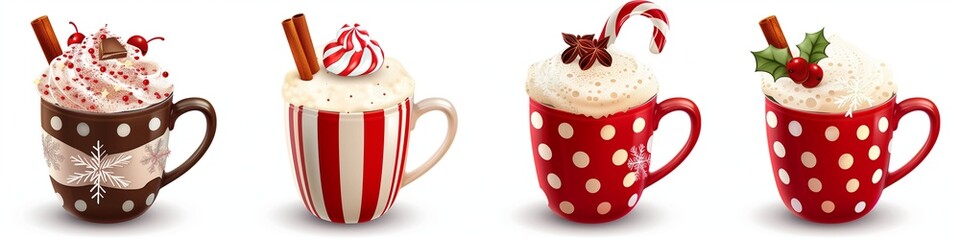 3D design, a clipart set of four red and white polka dot mugs with cream on top, a candy cane in the mug