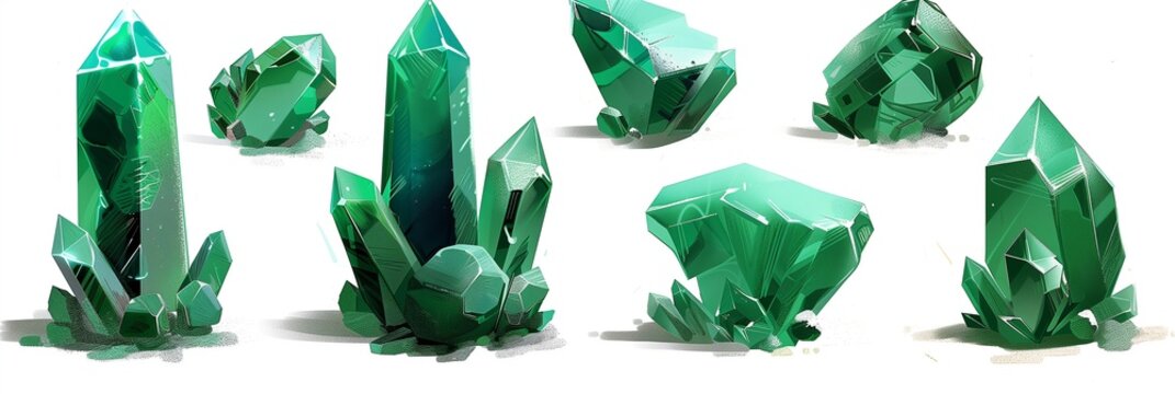 A set of emerald crystals, in various shapes and sizes, on a white background.