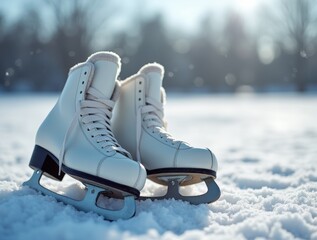 A close-up of a pair of ice skates resting on a snowy surface, showcasing the details of the blades and laces