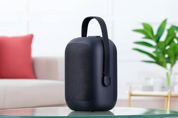A black speaker rests on a glass table, with a carpet, plant, and books in the background.