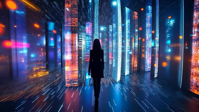 Woman Walking Through Futuristic Digital City: Metaverse, Virtual Reality, and Immersive Technology Experience